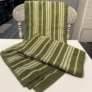 2 Pc Set VTG Bath Towels Striped Green  70's USA 27x46 EUC Cotton